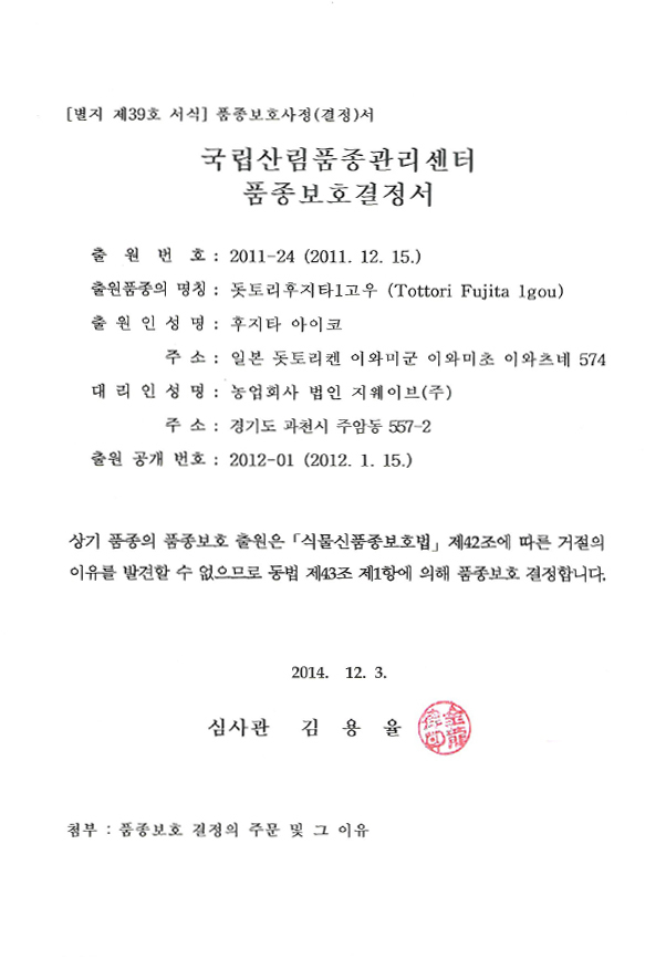 常緑キリンソウ1号品種登録証韓国